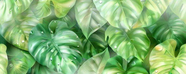 Aufkleber - Lush green tropical monstera leaves with dew drops, creating a vibrant and fresh nature background. Perfect for nature-themed projects.