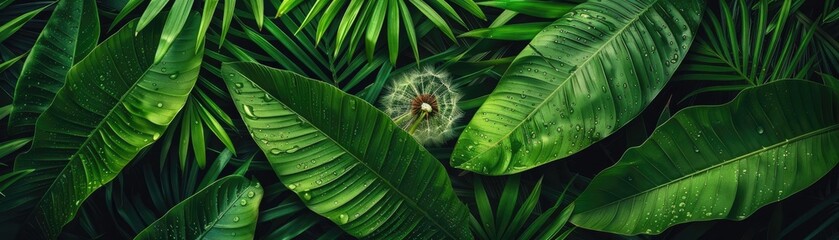 Fototapete - Lush tropical green leaves and dense foliage creating a vibrant natural background, enhancing the essence of nature's beauty.