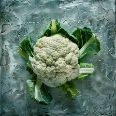Wall Mural - This image features a single cauliflower on a metallic surface, providing plenty of copy space. The minimalistic design emphasizes the raw and healthy aspects of the vegetable. AI generative.