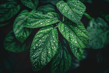 Poster - Close-up of vibrant green leaves with water droplets, capturing nature's freshness and intricate leaf texture in a serene, natural environment.