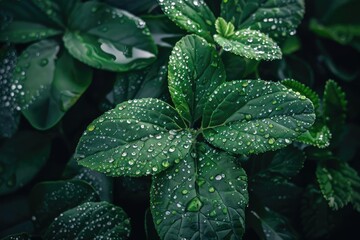 Fototapete - Close-up of green leaves covered in water droplets after rain, showcasing natural freshness and vibrant foliage in a serene, natural setting.