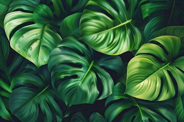 Poster - Close-up of lush green tropical monstera leaves with deep textures and vibrant shades, perfect for nature and botanical themes.