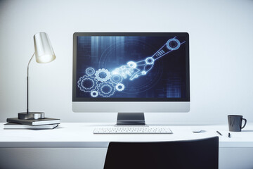 Aufkleber - Modern computer monitor with robotics technology hologram. Research and development software concept. 3D Rendering