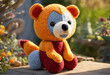 © nskyr2 - Handmade knitted bear. Kid soft animal toy made yarn sitting in garden.