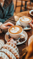 Wall Mural - A group of people are sitting around a table with cups of coffee