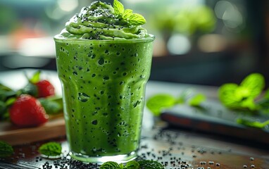 Wall Mural - Refreshing green smoothie in a glass garnished with mint leaves and chia seeds, perfect for a healthy and energizing drink.