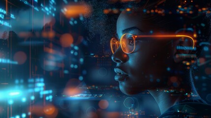 Wall Mural - AI cyber security threat black african american female IT specialist analysing data information technology augmented reality artificial intelligence blue  red matrix numbers copy space