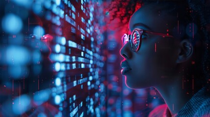 AI cyber security threat black african american female IT specialist analysing data information technology augmented reality artificial intelligence blue  red matrix numbers copy space
