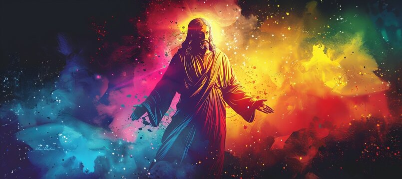 Jesus Christ with colorful smoke effect. Christian faith worship spirituality concept. Generative AI technology.	
