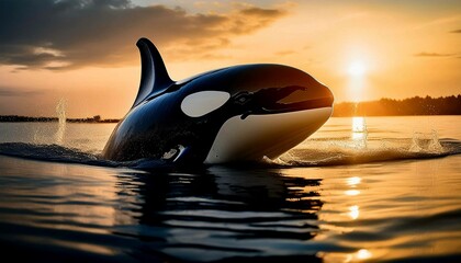 Wall Mural - Killer whale in the sunset