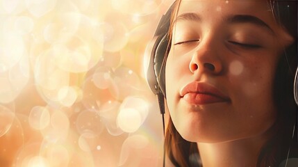 Wall Mural - A woman relaxing with headphones on, eyes closed, bathed in soft natural light, with a blurred background creating a calm and serene atmosphere