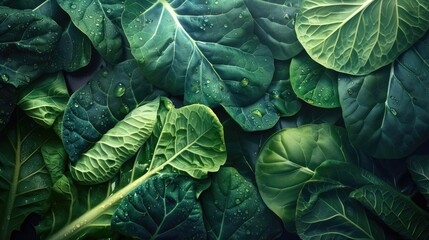 Fototapete - Close-up image of fresh, green leafy vegetables with dew drops, showcasing the natural texture and vibrant colors of the produce.