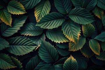 Poster - A dark and lush background of green leaves with hints of yellow, creating an abstract and natural pattern perfect for nature-themed designs.