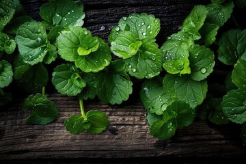 Poster - Close-up of fresh green leaves with dew drops on dark wooden background, showcasing natural beauty and serenity.