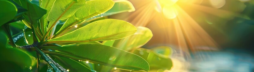 Poster - Close-up of green leaves in sunlight with sun rays and bokeh effect, showcasing natural beauty and serene atmosphere.
