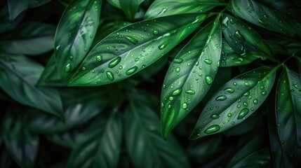 Poster - Close-up of green leaves with water droplets, creating a fresh and vibrant nature background.