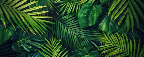 Poster - A vibrant close-up of dense, lush green tropical leaves, showcasing nature's beauty and the intricate patterns of the foliage.