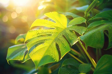 Poster - Close-up of tropical monstera leaves with morning dew, illuminated by sunlight, creating a vibrant and fresh natural scene.