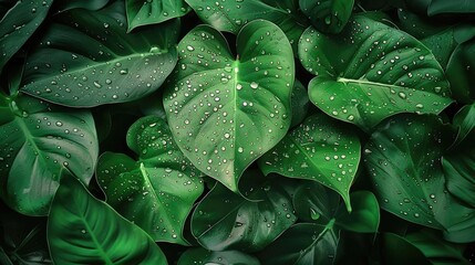 Fototapete - Lush green leaves covered in raindrops, creating a fresh and vibrant natural backdrop, perfect for nature-themed projects.