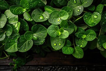 Aufkleber - Close-up of fresh green leaves with water droplets after rain, showcasing nature's beauty and simplicity.