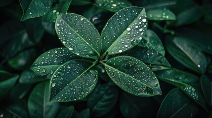 Fototapete - Close-up of green leaves covered in water droplets, showcasing natural beauty and freshness, perfect for nature and environment themes.