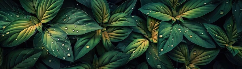 Aufkleber - Close-up of lush green leaves with water droplets, creating a refreshing and serene natural background, perfect for design or relaxation themes.
