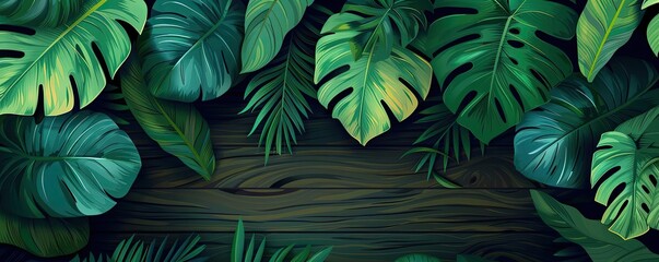 Poster - Tropical leaves and wooden background, perfect for natural themes, greenery designs, or eco-friendly concepts. Lively and vibrant aesthetic.