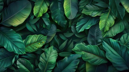 Fototapete - Lush green tropical leaves creating a vibrant and serene natural background, perfect for nature-themed designs and tranquil projects.