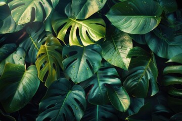 Fototapete - Lush green monstera leaves with dewdrops creating a vibrant and refreshing natural background, showcasing nature's beauty and tranquility.