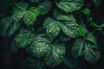 Fototapete - Close-up of vibrant green leaves with delicate raindrops on the surface, captured in a natural setting.