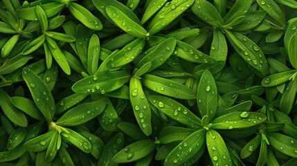Poster - Fresh green leaves covered with dewdrops, showcasing nature's beauty and purity--perfect for backgrounds or nature-themed designs.