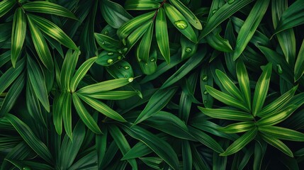 Fototapete - Close-up of lush green foliage with dew drops, highlighting the vibrant texture and natural beauty of these leaves.