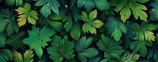 Vibrant green leaves with morning dew creating a fresh, natural background perfect for wallpaper, nature content, or garden themes.