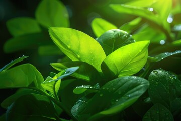 Aufkleber - Vibrant green leaves illuminated by sunlight, showcasing the beauty of nature and fresh greenery in a serene and natural setting.