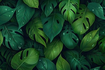 Wall Mural - Close-up of lush tropical green leaves with water droplets, creating a natural and vibrant background for botanical and nature theme designs.