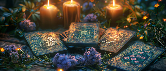 mystical tarot card spread surrounded by candles and magical herbs for spiritual guidance and divina