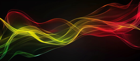 Poster - Red, yellow and green smoke wavy lines on a black background illustration. The wavy lines are drawn in the style of traditional Chinese ink wash painting, with an emphasis on fluid, abstract forms rat