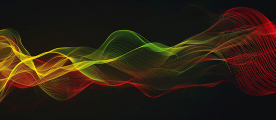 Poster - Abstract sound wave background with red, yellow and green colors on a black background. Illustration of an audio visual concept for a music show or festival poster design. 8k, abstract art, highly det