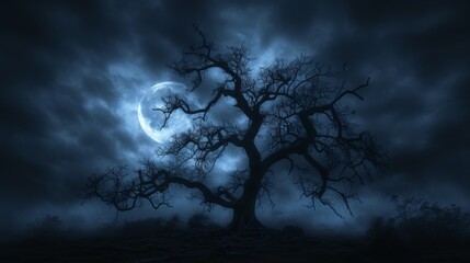 Silhouette of a tree skeleton under a gloomy stormy sky