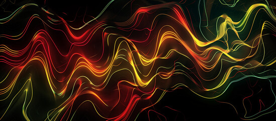 Poster - A vibrant abstract background featuring flowing lines of red, yellow and green lights on a black backdrop. The dynamic pattern creates an energetic atmosphere with the playfulness of motion. This desi
