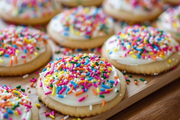 Professional food photography of frosted sugar cookies adorned with colorful sprinkles