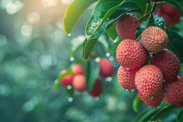 A cluster of ripe lychee fruits hanging from a branch, their juicy sweetness waiting to be savored.