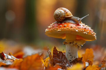 Snail on a top of a mushromm in the autumn nature