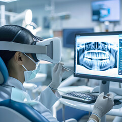 Dentist examines 3d dental imagery using virtual reality headset in a modern clinic