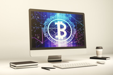 Poster - Modern computer monitor with creative Bitcoin symbol. Cryptocurrency concept. 3D Rendering