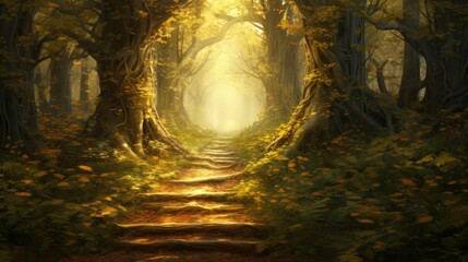 Wall Mural - Sunlit path covered in golden leaves leading through a forest
