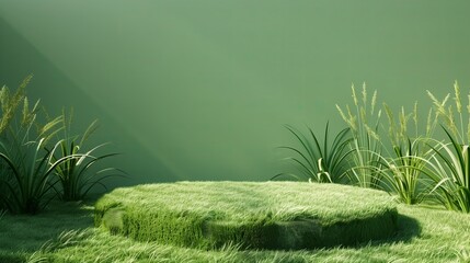 Poster - The green grass on a podium for a product presentation, with a green background.