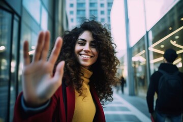 smiling woman waving her hand while joking in front of the camera