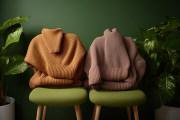 three knitted sweaters on a chair by a green plant