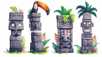 Wall Mural - Asset of the Aztec jungle totem face for mobile game or slot game isolation, Illustration.